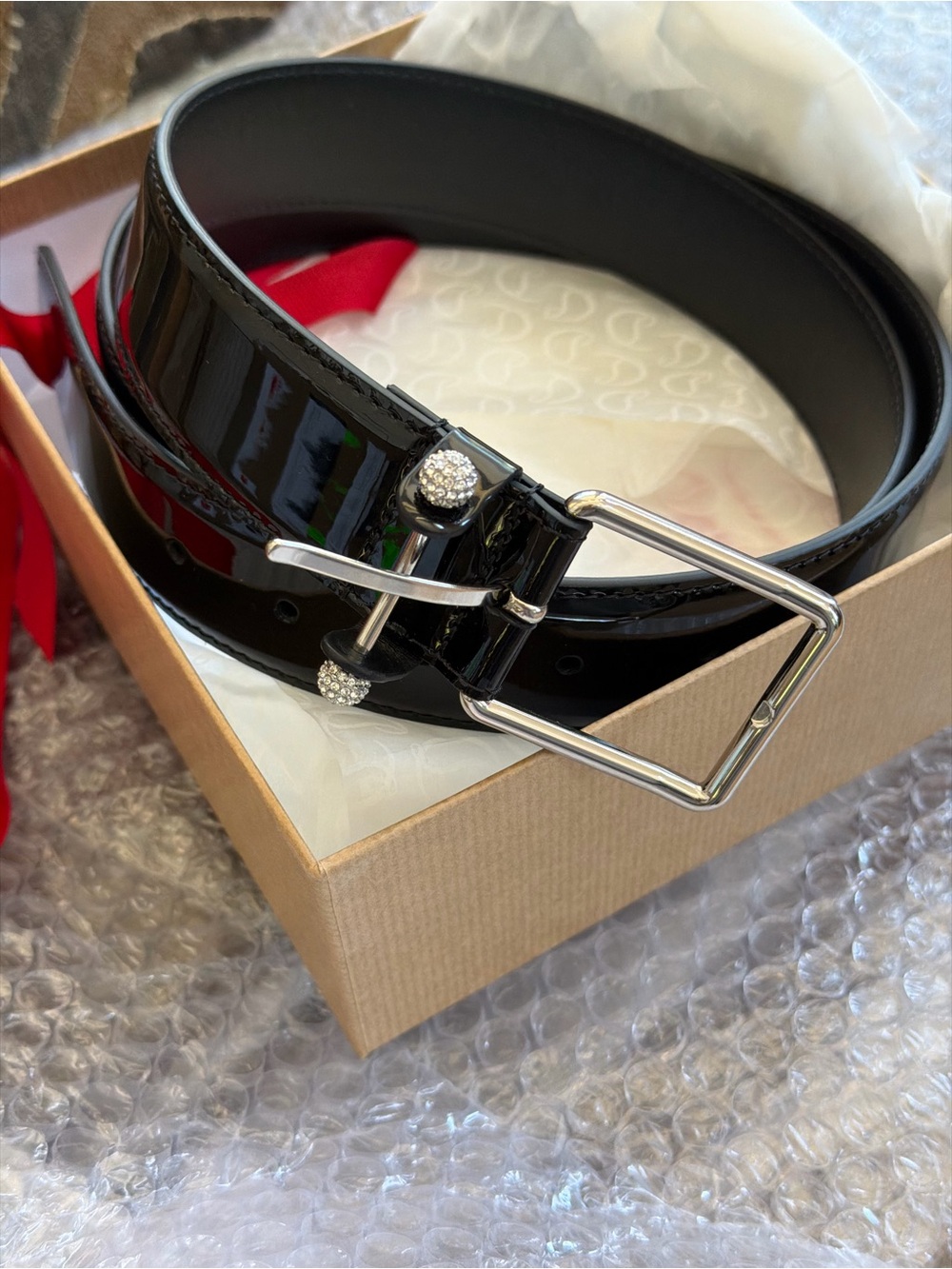 Christian Louboutin Black Patent Leather Belt with Crystal-Stud Buckle